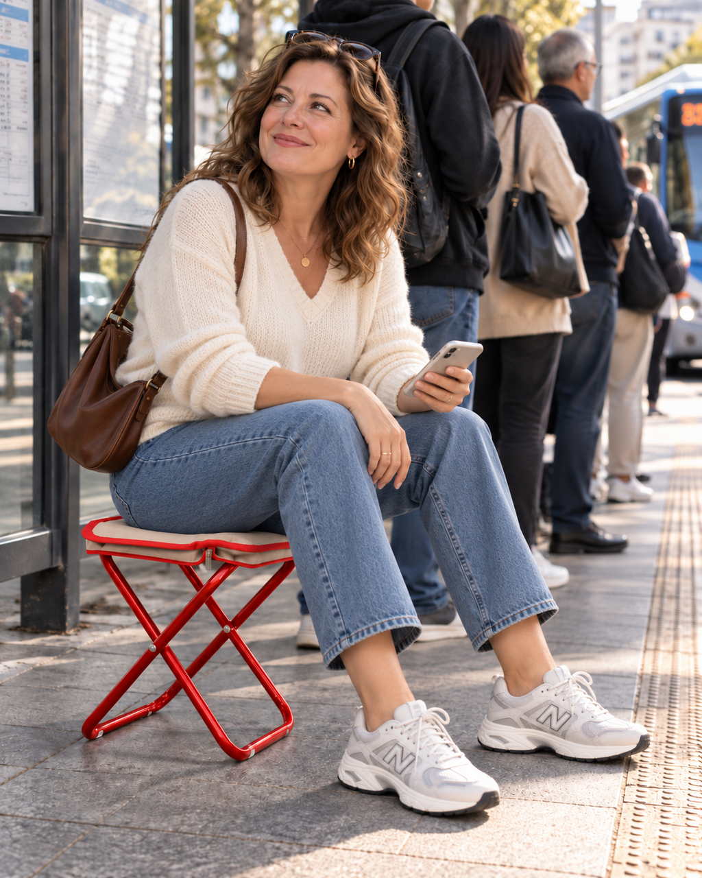 CarrySit Rosso in uso durante un'attesa in città