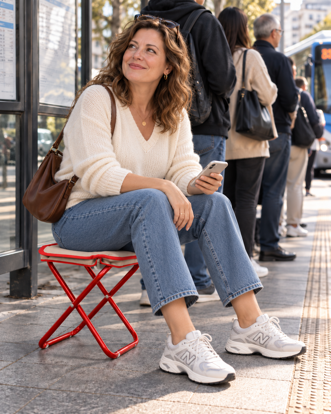 CarrySit Rosso in uso durante un'attesa in città